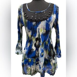 New Directions Petite Long Sleeve Multicolor Pleated Sheer/Beaded Blouse, Large